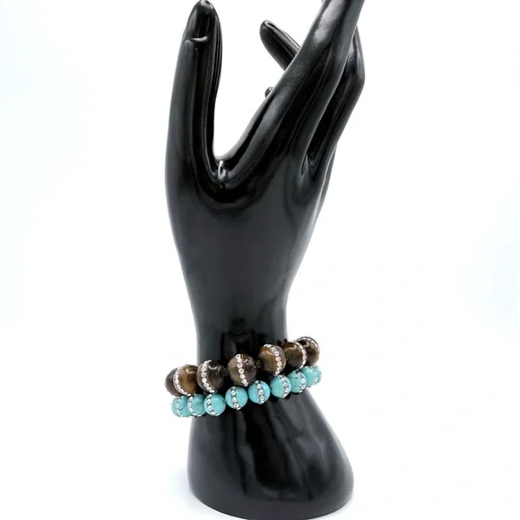 Turquoise Color & Tiger's Eye Bead Stretch Bracelets w/Banded Rhinestone Inlay - Picture 5 of 7